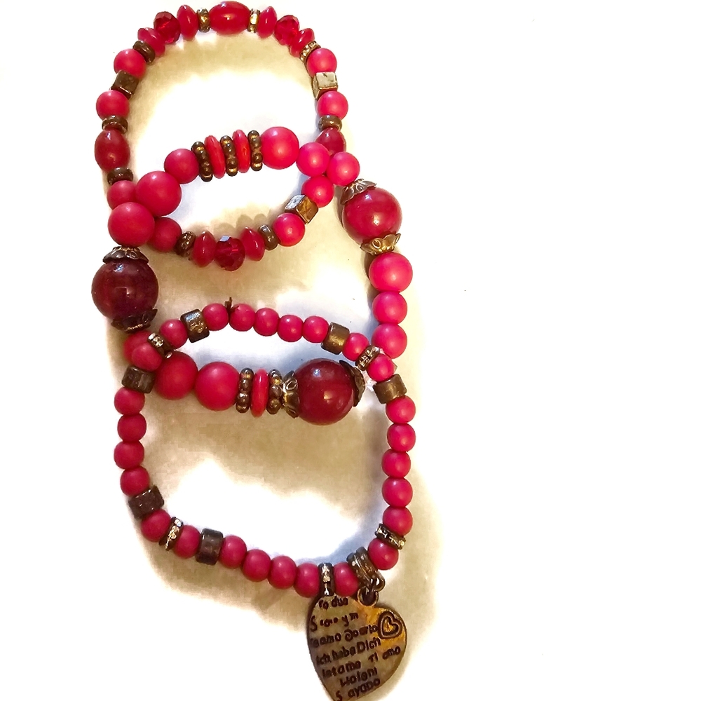 I LOVE YOU Red Beaded Stretchy Bracelet Trio